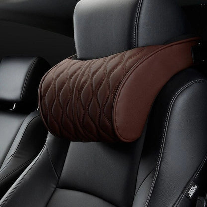 Ergonomic memory foam car headrest and lumbar support set with breathable knitted fabric and adjustable straps for personalized comfort and support