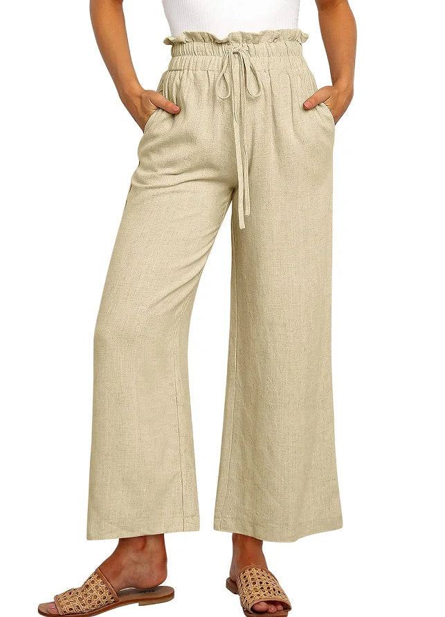 Elastic waistband lace-up wide leg cropped pants in solid colors, showcasing versatile style and comfort