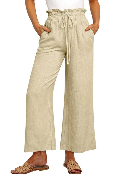 Elastic waistband lace-up wide leg cropped pants in solid colors, showcasing versatile style and comfort