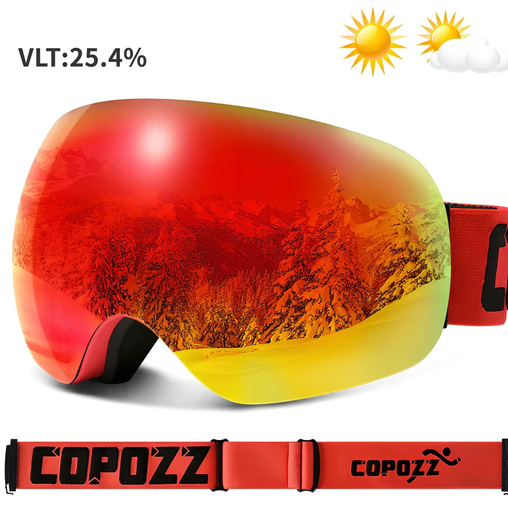 Adult borderless ski goggles in black frame with silver anti-fog lens, double-layer PC+TPU for UV and wind protection