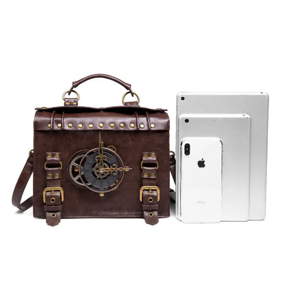 Bronze steampunk industrial retro style PU leather shoulder bag with metal details and a square pillow shape.