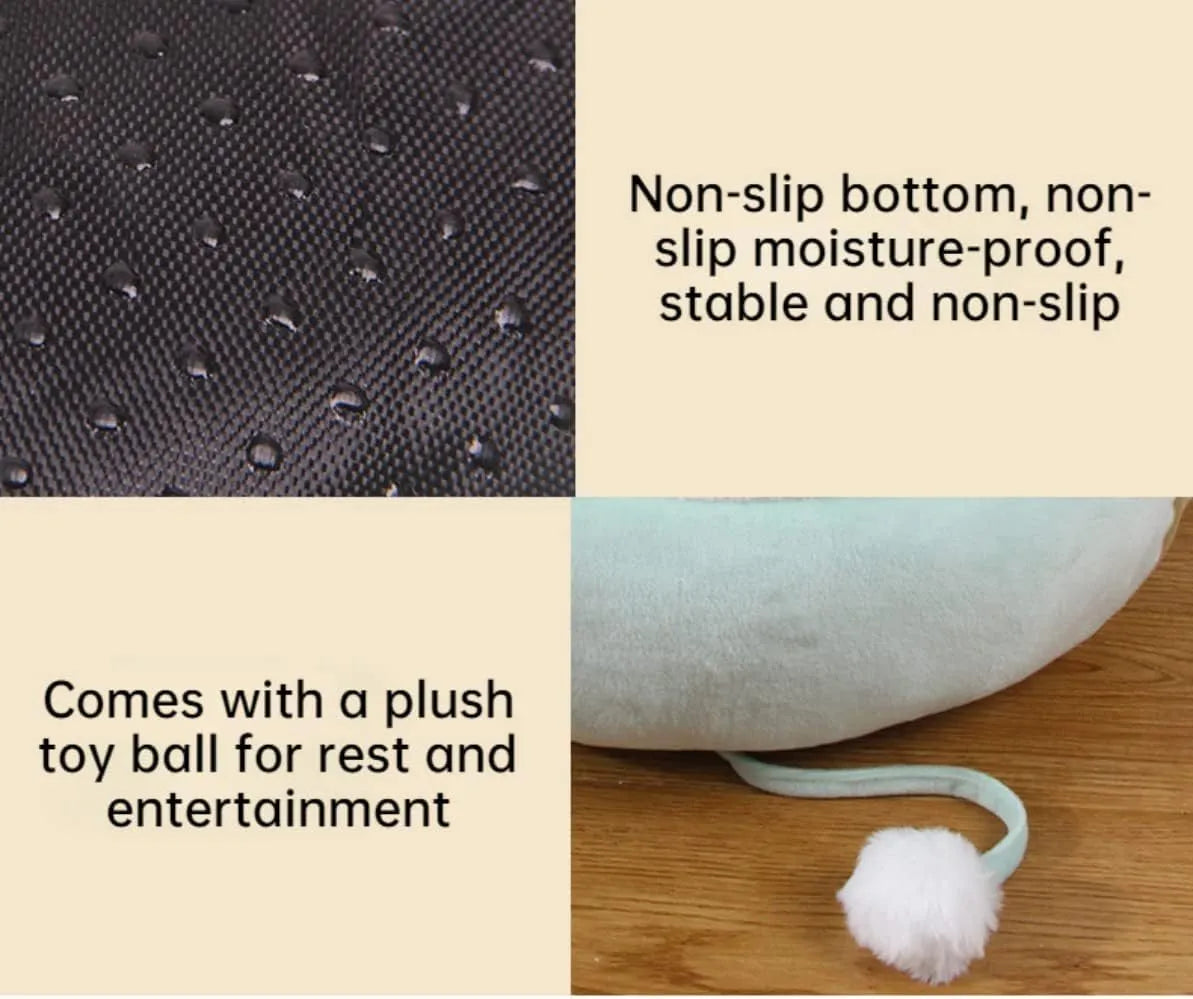 Green chick-shaped cat bed laid flat with hanging straps attached, suitable for small cats