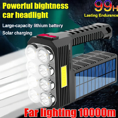Solar USB rechargeable flashlight with 8 LED heads, aluminium alloy body, rubber switch, and side COB light