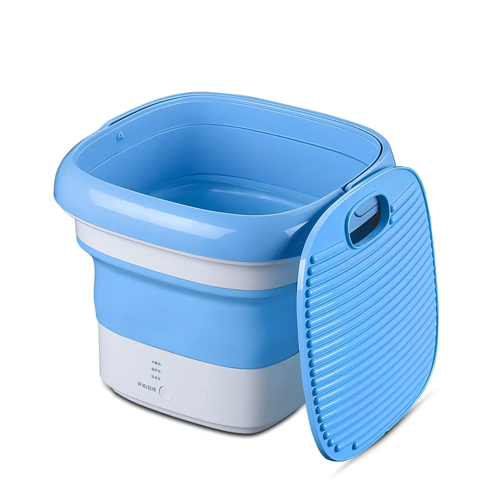 Blue Weili BX-3 folding washing machine unfolded, 0.8kg tub capacity, plastic portable design for small laundry loads