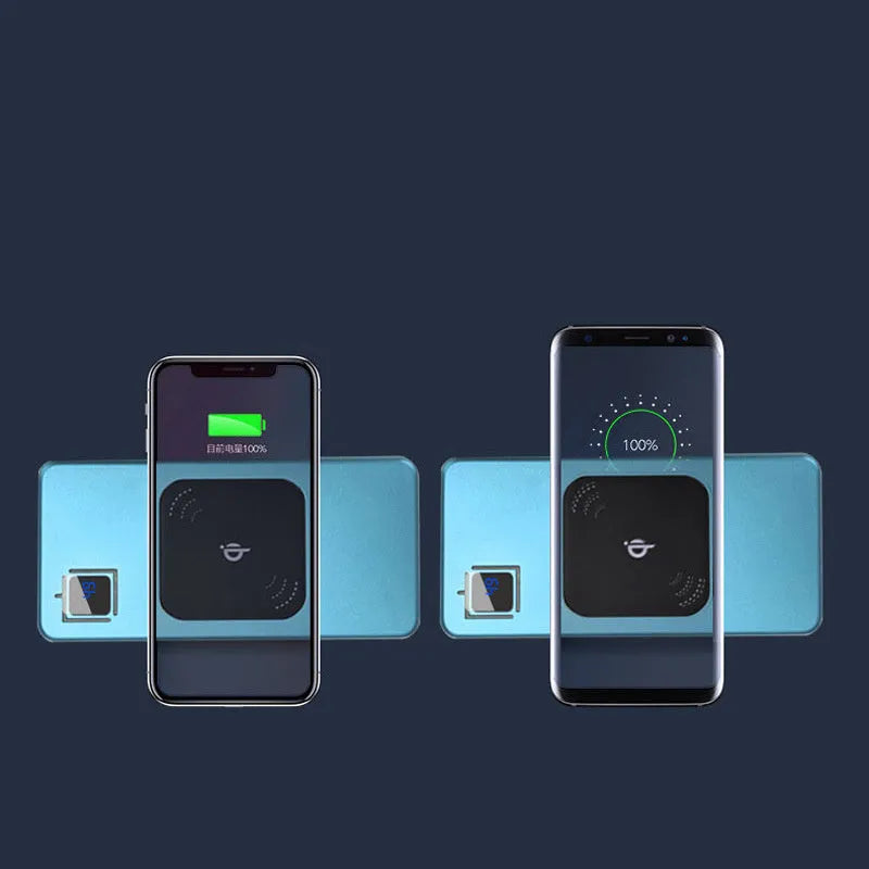 Silver alloy portable power bank with LCD screen showing battery percentage, next to a smartphone.