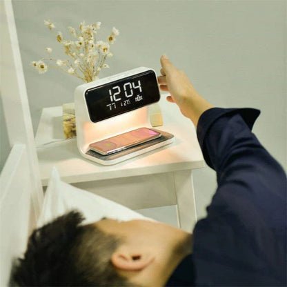 Versatile 3-in-1 bedside lamp with wireless charger, alarm clock, and adjustable LED lighting