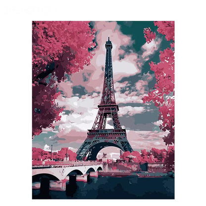 Digital Wholesale Frameless DIY4050 Landscape Oil Painting - Red Eiffel Tower on linen canvas