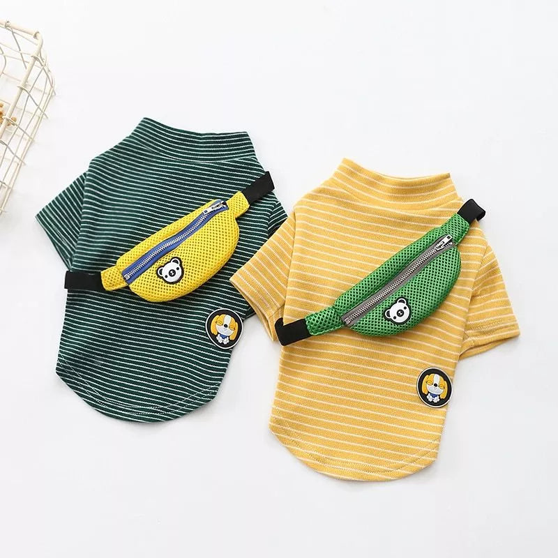 Striped t-shirt teddy dog pet costume in green and yellow, made from 100% cotton