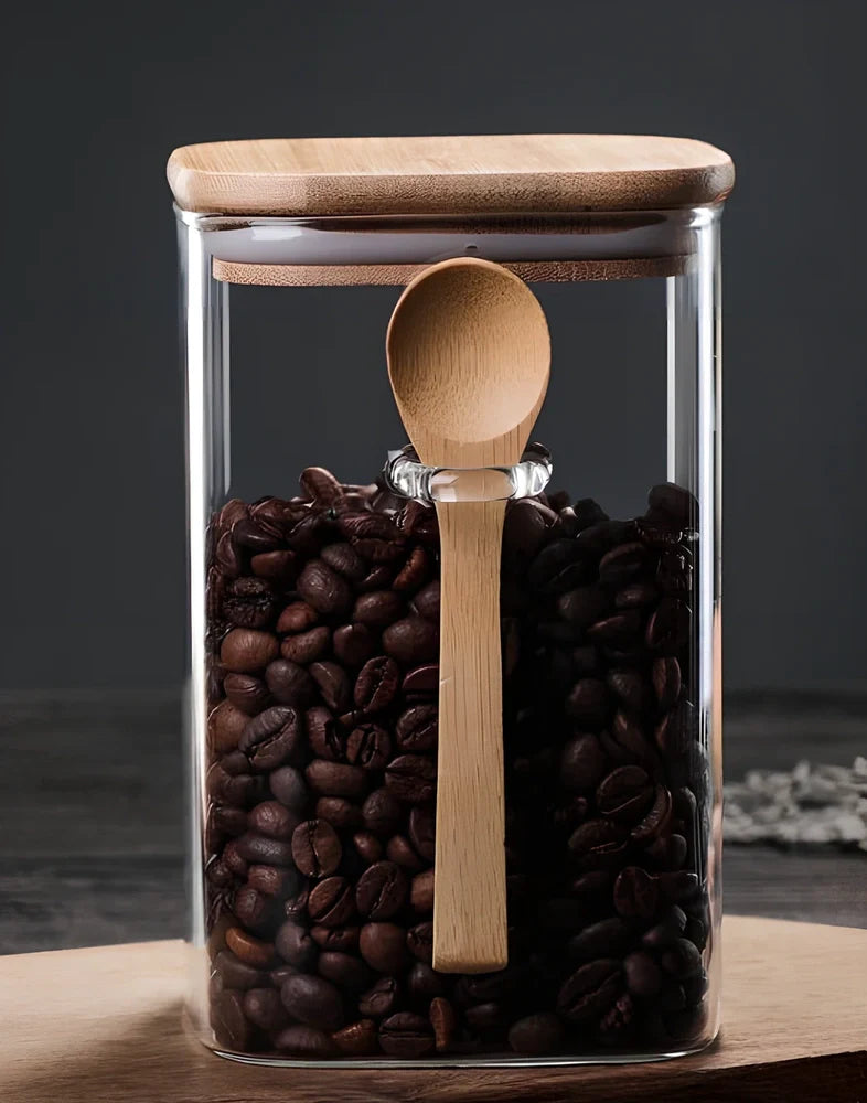 Square glass food storage cans with Japanese design in 800ml, 1000ml, and 1200ml capacity options