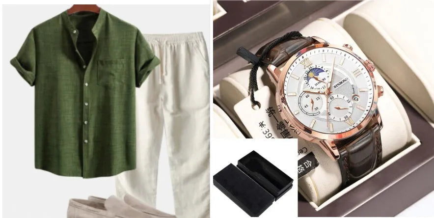 Men's blue slim-fit short-sleeved shirt with stand collar, part of a casual set with pants and shoes.