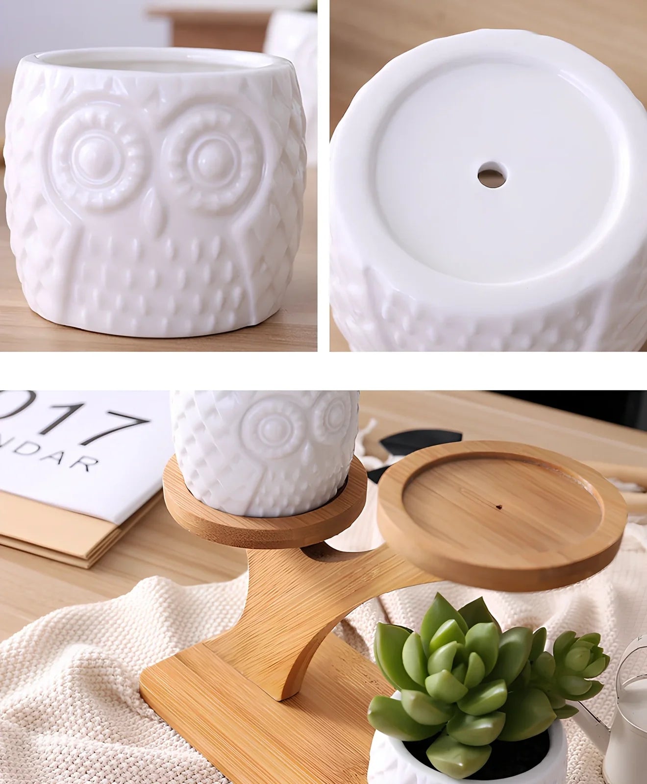 Three white ceramic owl planters on 45cm bamboo tree frame for succulents, corrosion-resistant modular display
