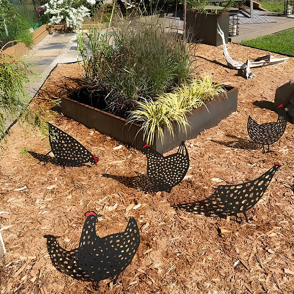 Set of powder-coated metal chicken yard art stakes, sizes 15-35 cm, with lifelike hen silhouettes for garden decor