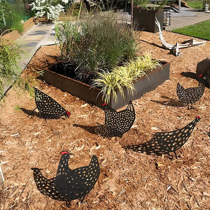 Set of powder-coated metal chicken yard art stakes, sizes 15-35 cm, with lifelike hen silhouettes for garden decor