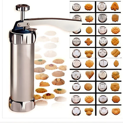 Stainless steel cookie press with 20 pattern discs for making uniform biscuits