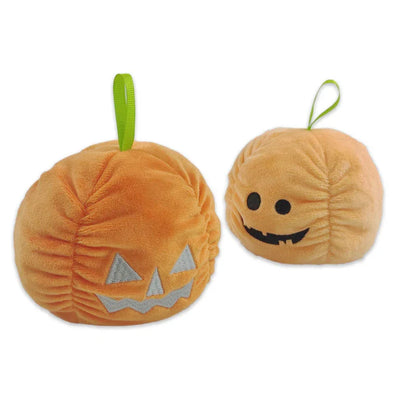 Reversible Halloween plush toys with glow-in-the-dark ghost and pumpkin designs that can switch between happy and angry moods