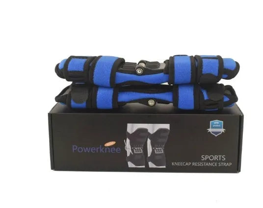 Adjustable spring knee brace for sports support in black, shown with straps.