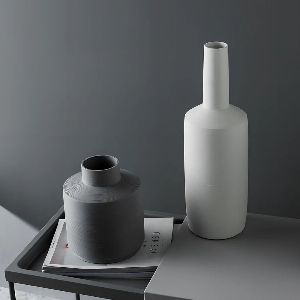 Nordic style ceramic vase with wire drawing textured surface in neutral colour with unburnt matte finish