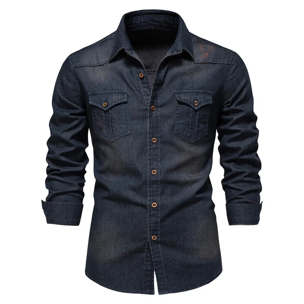 Men's solid colour slim fit cotton denim shirt with long sleeves and button front.