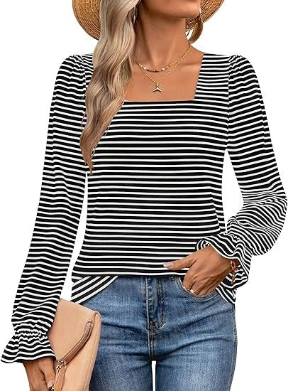Stylish long-sleeve base layer with striped square collar in white, black, and navy blue colors