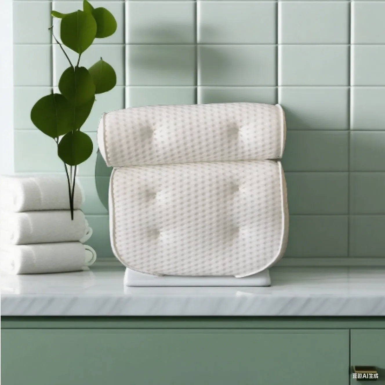 White bathtub pillow with 7 suction cups and 4D mesh design, measuring 37x34x10cm, on a bathtub