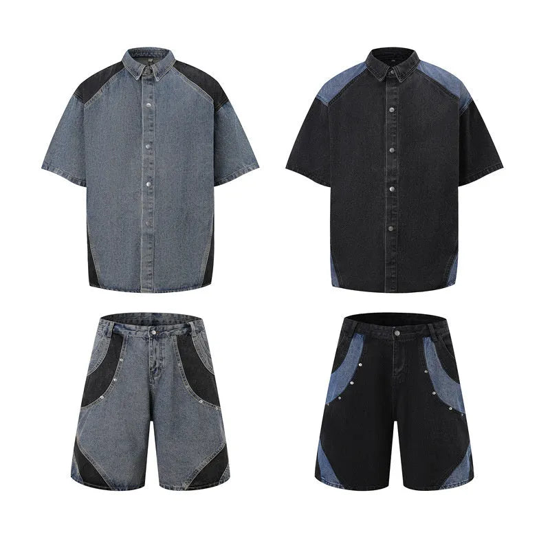Retro washed denim jeans suit with short sleeves, available in black or blue, sizes M to XXXL, for summer street wear.