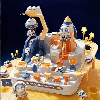 Space Adventure Puzzle Car Track toy with interlocking plastic pieces forming 33cm orbital circuit
