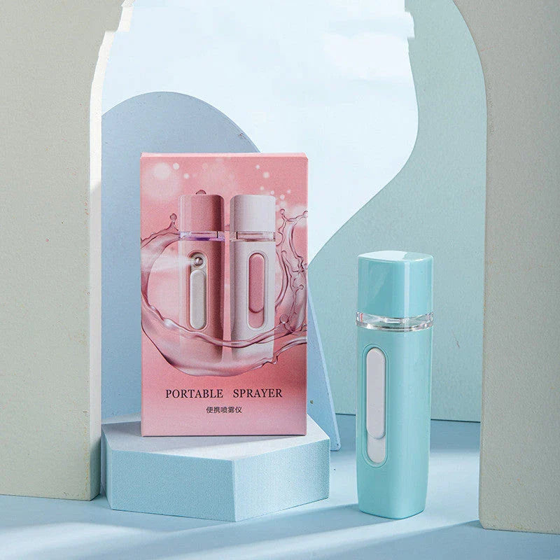 Portable facial mister with rechargeable power bank, transforms water into fine mist for skin hydration and rejuvenation