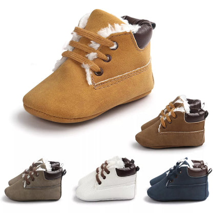 Winter baby boys suede leather sneakers with anti-slip soles in gray, blue, brown, white, and dark brown