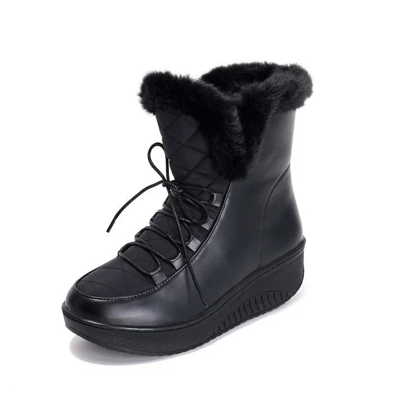 Women's winter boots in black with 3cm platform, water-resistant PU leather, and plush lining