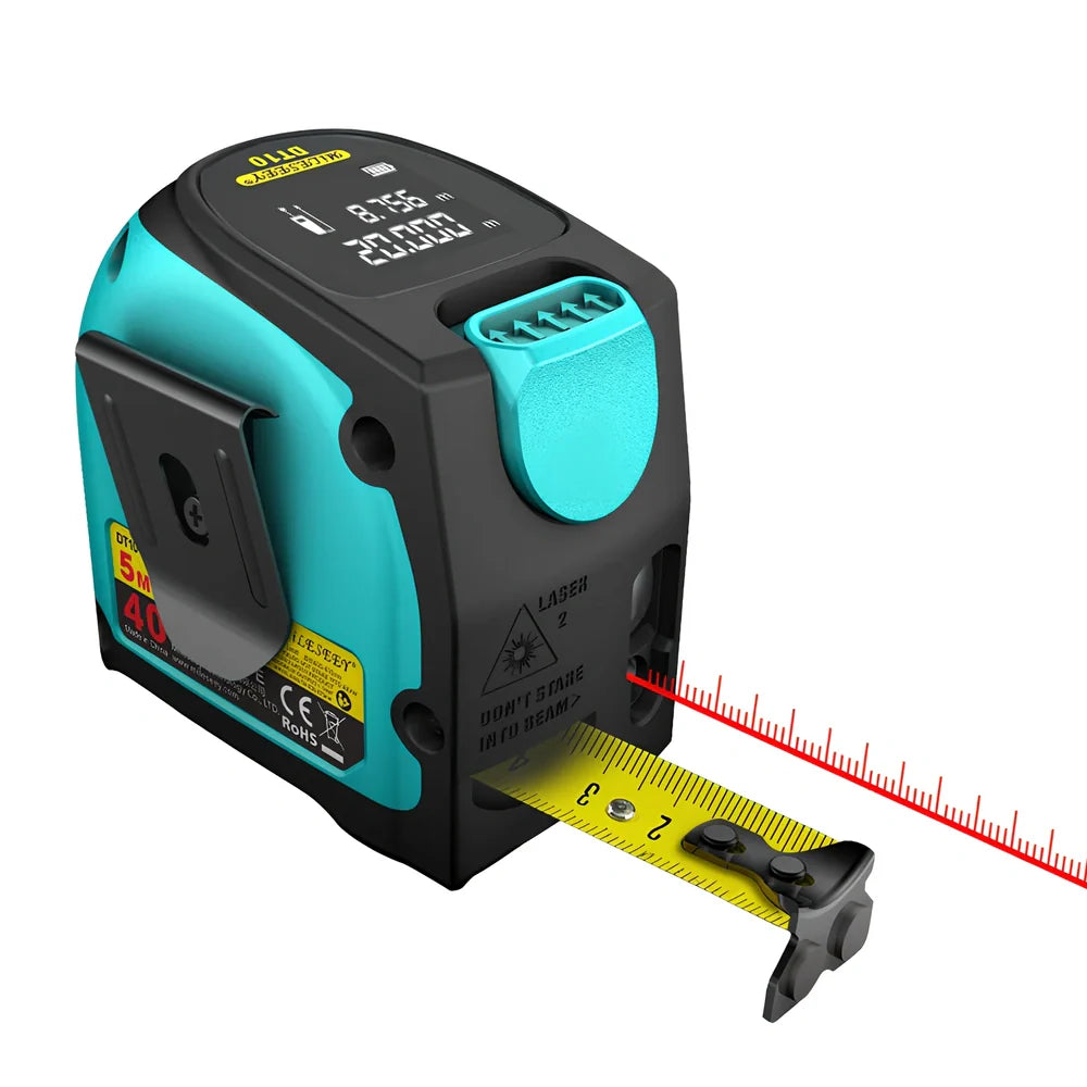 2-in-1 laser tape measure tool with extended tape and magnetic hook for metal surfaces