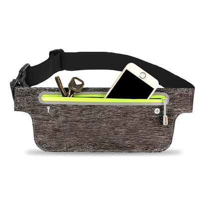 Strapless running bag in camouflage colours with invisible phone pockets and waterproof construction