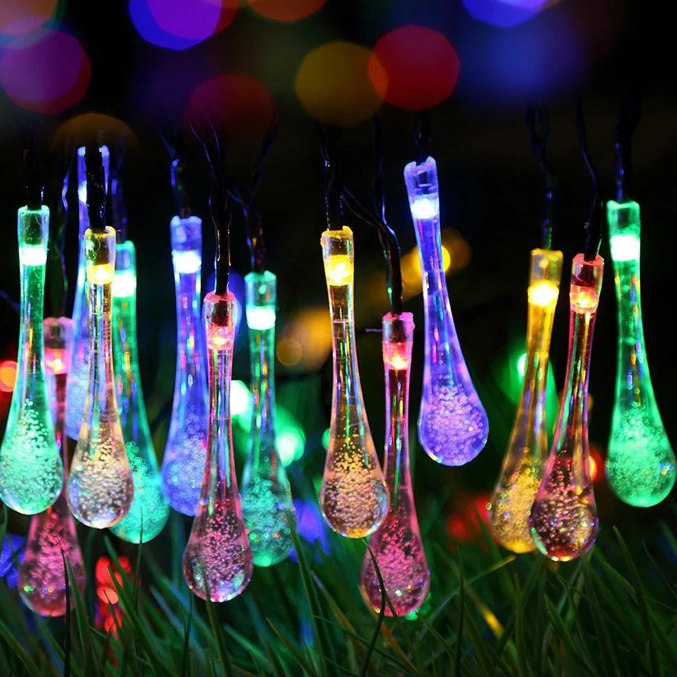 6.5m LED solar water drop string lights with 30 LEDs and waterproof pendants for garden use