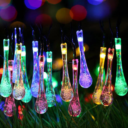6.5m LED solar water drop string lights with 30 LEDs and waterproof pendants for garden use