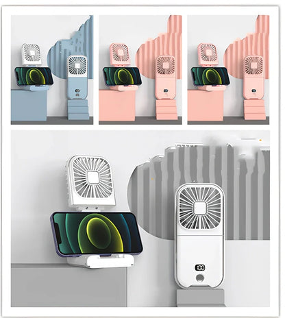 F30Pro folding portable handheld fan in white with digital display, 169x81x20mm size, USB charging, plastic blades for cooling