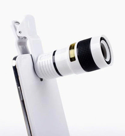 Versatile 12X zoom telescope lens clip-on accessory for smartphone cameras
