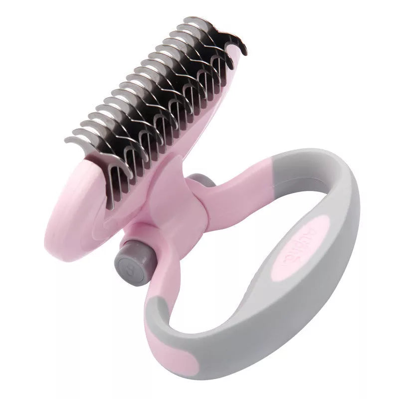 Dual-head dog comb for gentle knot removal in white, blue, and pink