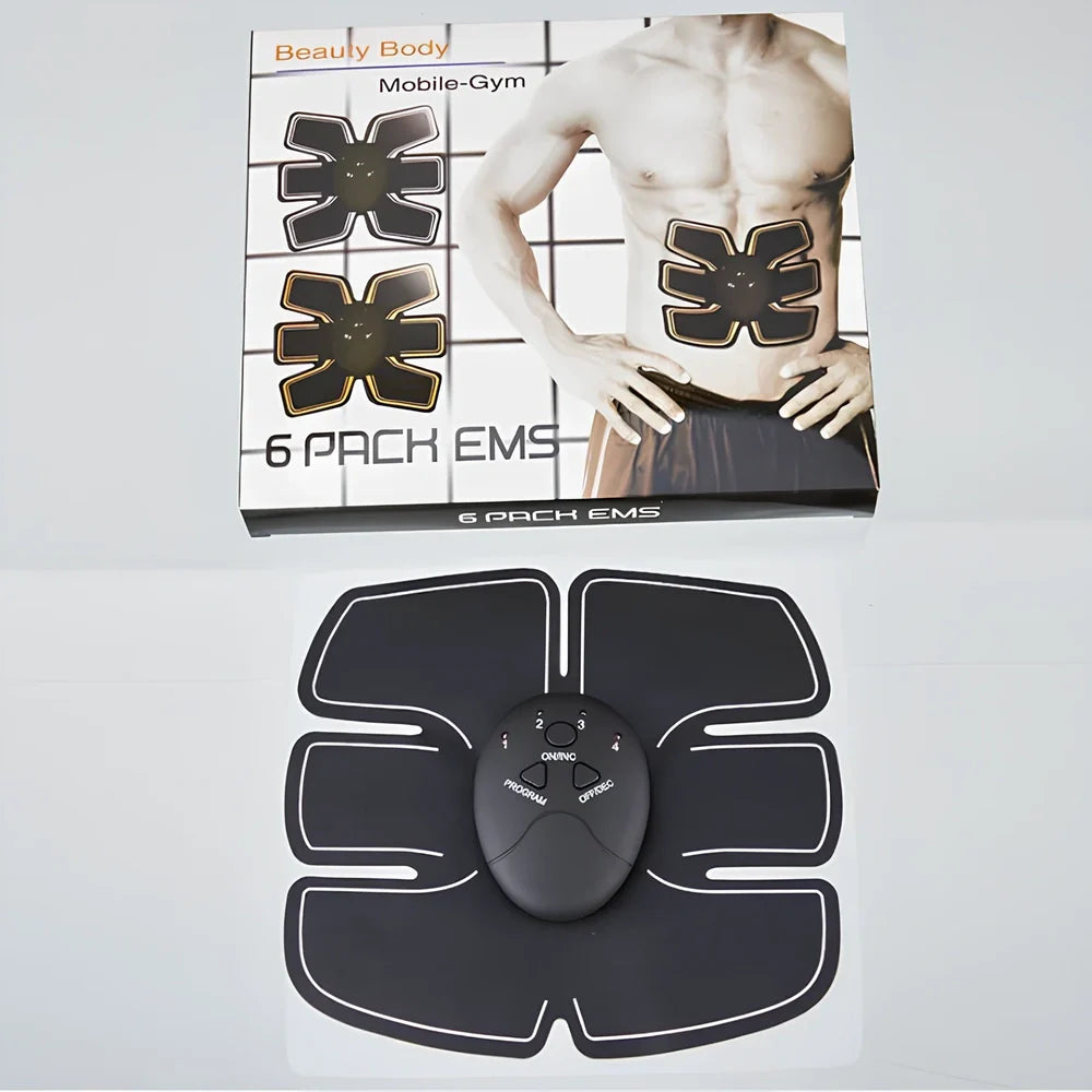 EMS muscle stimulator with six conductive pads for abdominal training and electrical muscle stimulation