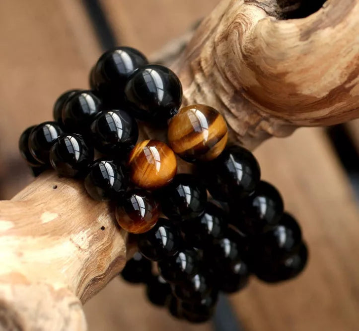 Natural Black Onyx and Tiger Eye Energy Bracelet with elastic rope