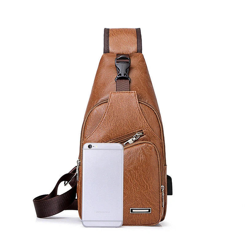 Stylish USB charging chest bag made of durable PU leather, featuring a roomy interior, dedicated smartphone pocket, and adjustable strap for comfort.