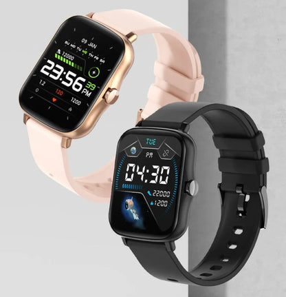 Smart watch with 1.7-inch HD colour touch screen on wrist, showing heart rate data and Bluetooth call interface