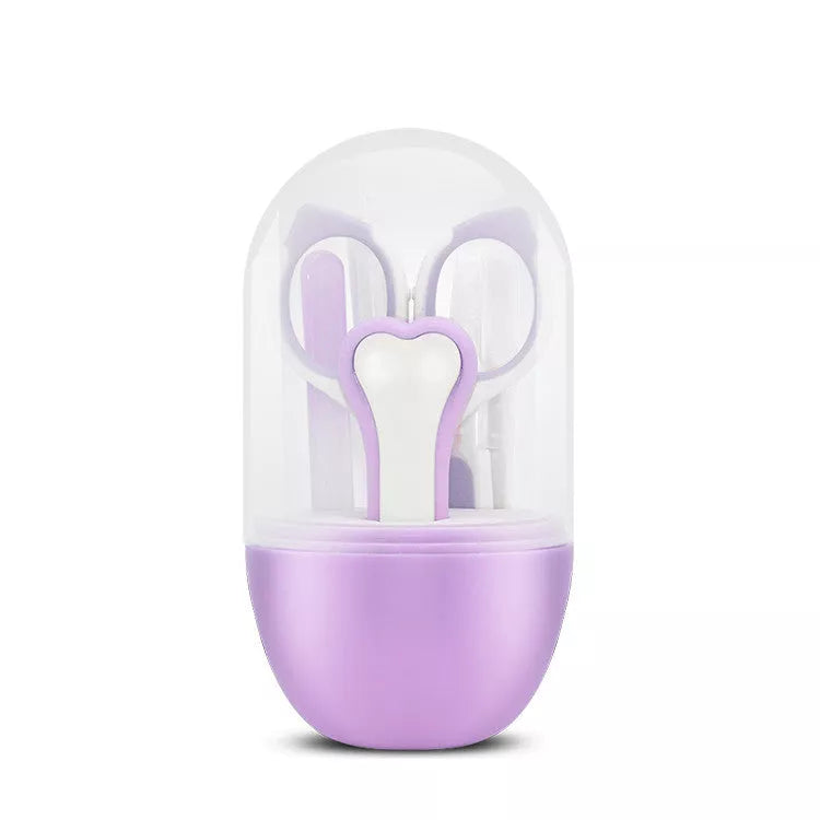 Five-piece child safety nail clippers with ergonomic grip in green, purple, and pink