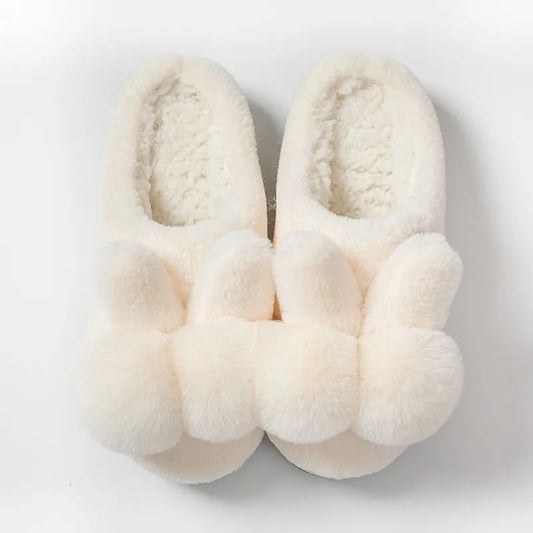 Bunny Fluffy Slippers with rabbit fur uppers in high-top design for winter, showing decorative flower details