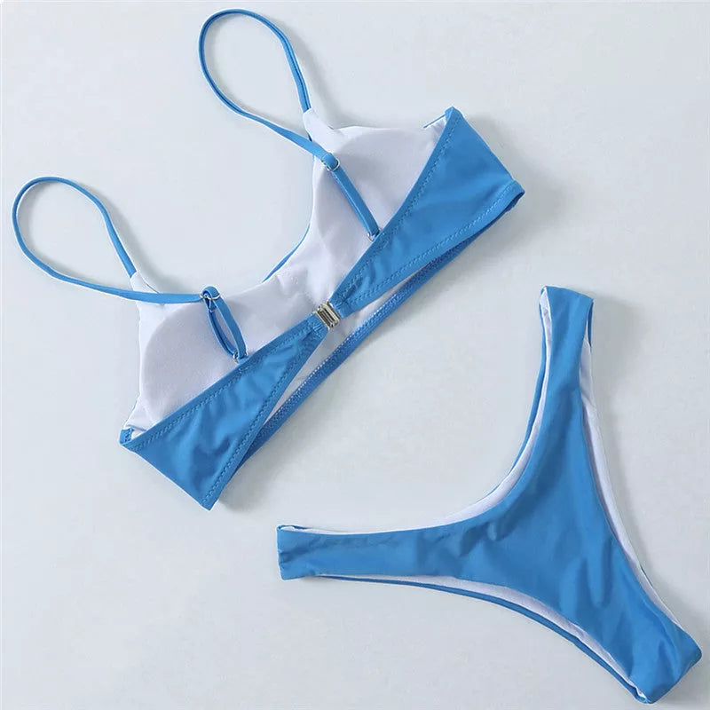 European and American split swimwear in nylon, available in Black, Blue, Coffee, and White