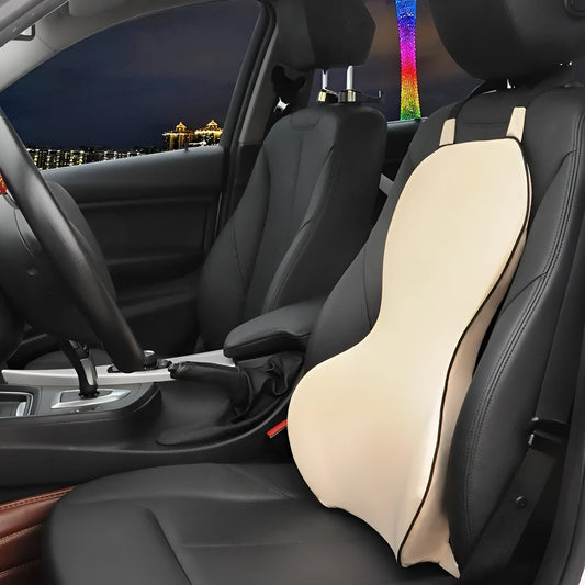 Memory cotton car lumbar support cushion in grey, showing its contoured shape on a car seat.