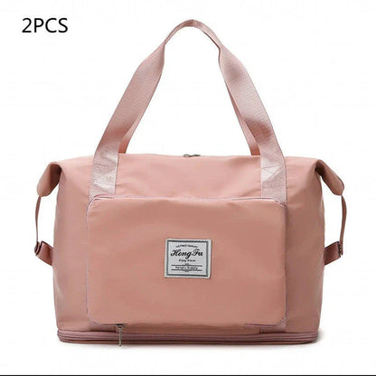 Roomy and foldable gym bag for women with waterproof Oxford fabric, multiple pockets, and wet/dry separation compartment