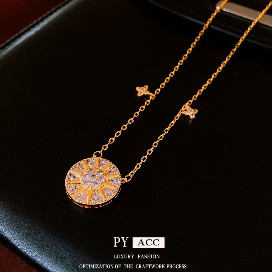 Gold round pendant clavicle necklace with inlaid zircon, geometric Chinese-style women's jewellery, 51-60cm chain