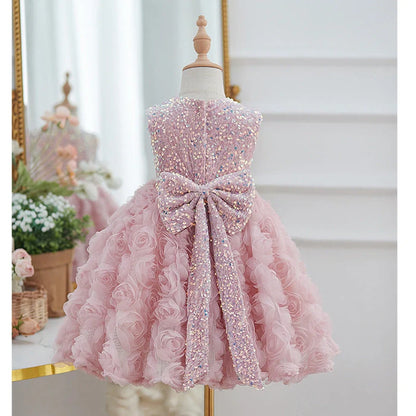 Pink girls pettiskirt with sequins and three-dimensional flowers, sleeveless design for heights 80-160cm