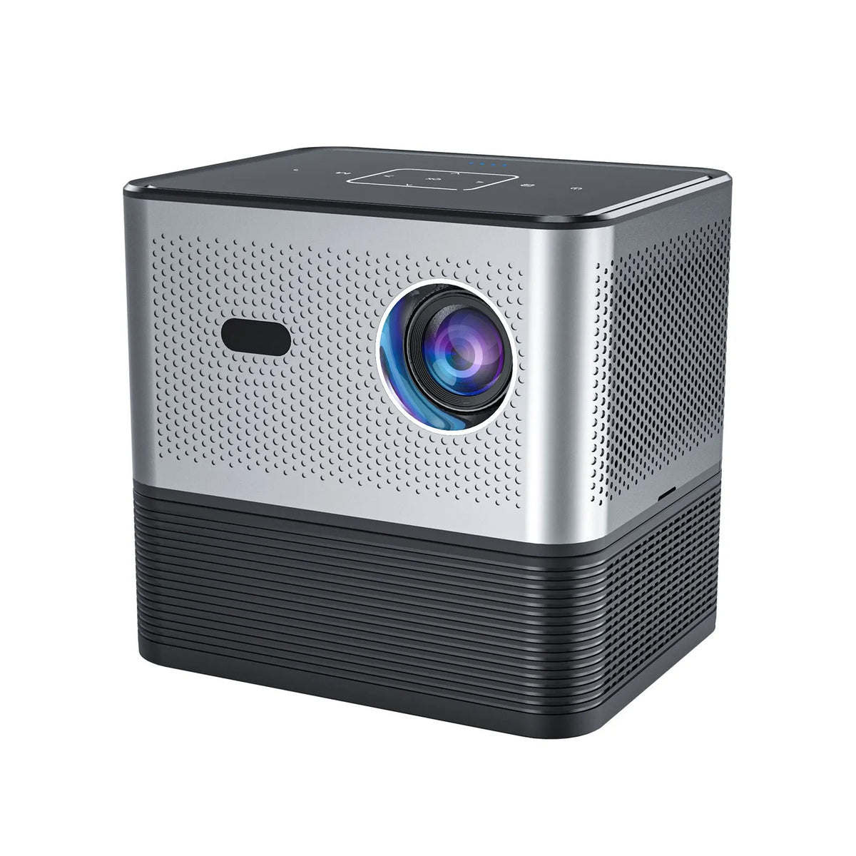 Silver mini projector with 720p resolution, 150 ANSI lumens, electric focus, and UK plug option