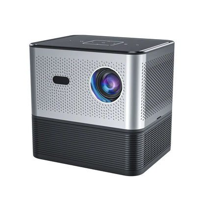 Silver mini projector with 720p resolution, 150 ANSI lumens, electric focus, and UK plug option