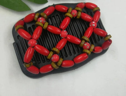 Elastic beaded hair comb with plastic frame and wooden beads, 17.5x10.3cm, vintage hair accessory
